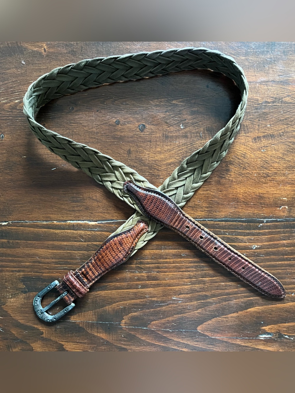 Cole Haan Men's Leather/Braided Fabric Belt W/ Embellished Buckle Brown & Tan